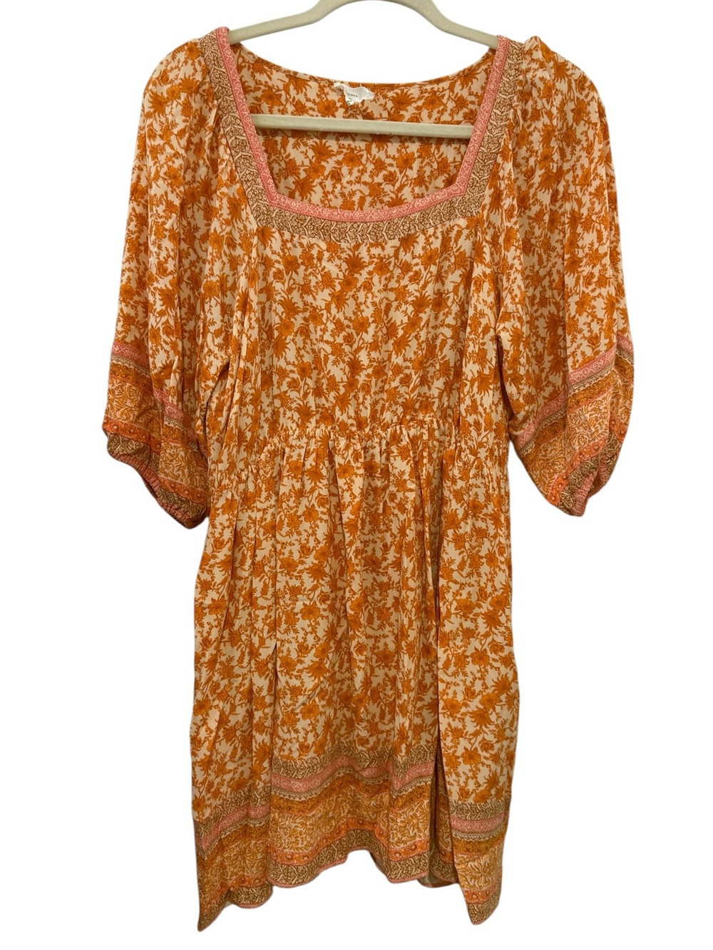 A Loves A Medium Orange Floral Boho Square Neck Mini Dress Relaxed Fit